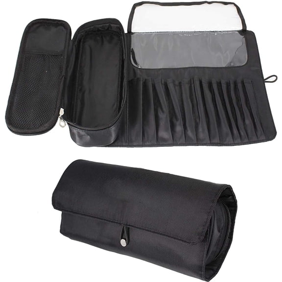 VONTER Professional Makeup Brushes Organizer Bag Hold 20 Brushes Makeup Artist Cosmetic Case Leather Makeup Handbag Black Travel Portable(Only Bag)