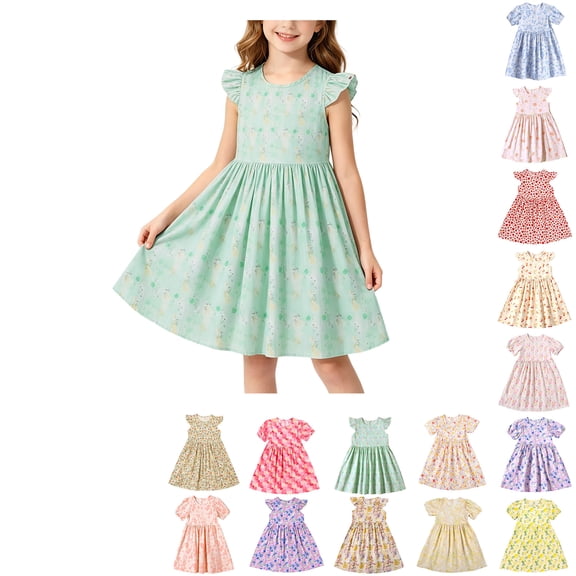 Antinious Girls Floral Print Ruffle Sleeve A-Line Casual Versatile Wear Dress