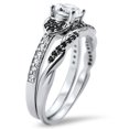 thumbnail image 2 of His and Hers 3 Piece Trio Sterling Silver Black Titanium Wedding Band Engagement Ring Set, 2 of 6