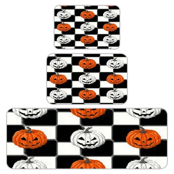 RKSupls Kitchen Rug Set 3 Piece Anti-Slip Flannel Floor Mats, Pumpkin Checkerboard Halloween Washable Absorbent Runner Mats for Kitchen Bathroom Home Decor