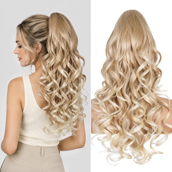 24 Inch Ponytail Extension, Clip on Ponytails for Women, Long Curly Wavy Ponytail Extensions for Women, Synthetic Layered Pony Tails Hair Extensions (Color:Medium Blonde with Bleach Blonde Ends)