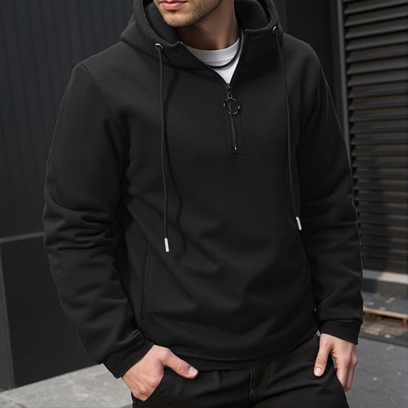 gbyLJF Mens Quarter Zipper Pullover Sweaters Long Sleeve Fleece Hooded Sweatshirts Warm Winter Solid Color Pocket Hoodie