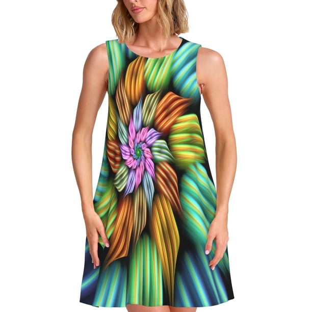 Fotbe Hippie Style Vestido de Verano sin Mangas para Mujer – Vestido Midi Línea A, Estilo Camiseta Floral, Vestido Playero Casual y Fluido