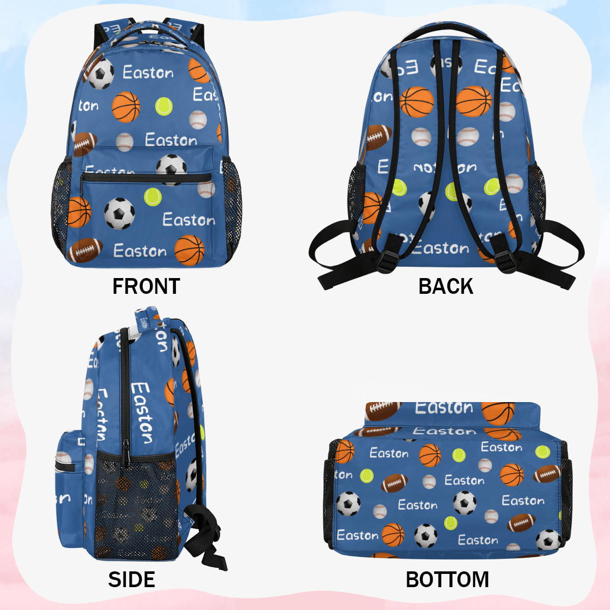 Jiaoprinted Custom Ball Theme Backpack with Name, Personalized Lightweight Casual Daypack for Women Men, Customized 18 Inch Travel Back Pack