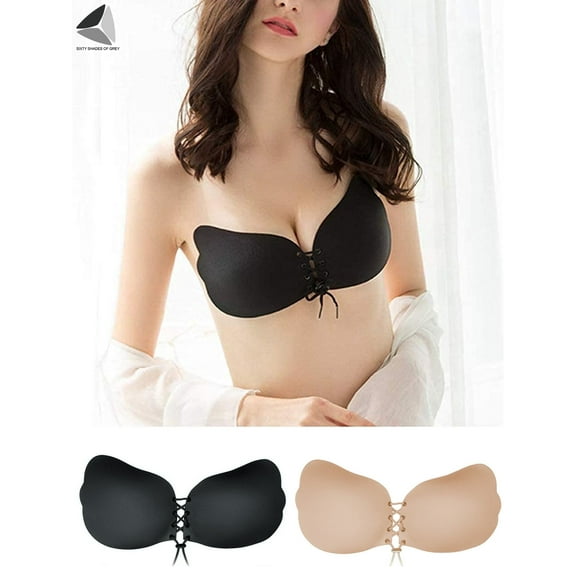 PULLIMORE 1 Pair Women Adhesive Invisible Strapless Bra Reusable Push-up Silicone Sticky Bra (Cup B, Black)