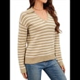 thumbnail image 3 of Suéteres de Mujer 2025, Cuello en V, Larga, Tops A Rayas, Otoño Invierno, Ropa de Punto Cómoda, Suéter Tipo Pulóver Marrón y L, 3 of 10