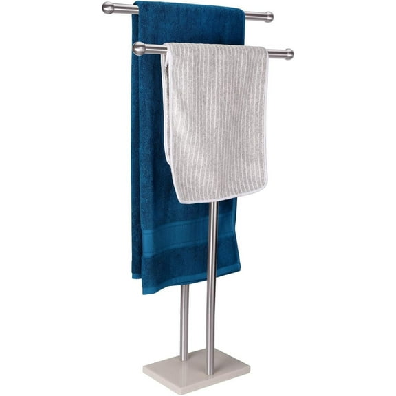 Standing Towel Rack Double-T Shape Tall Bath Towel Sheet Holder with Marble Design Base for Bathroom 2 Tier Towel Holder Stand Stainless Steel (Brushed Nickel)