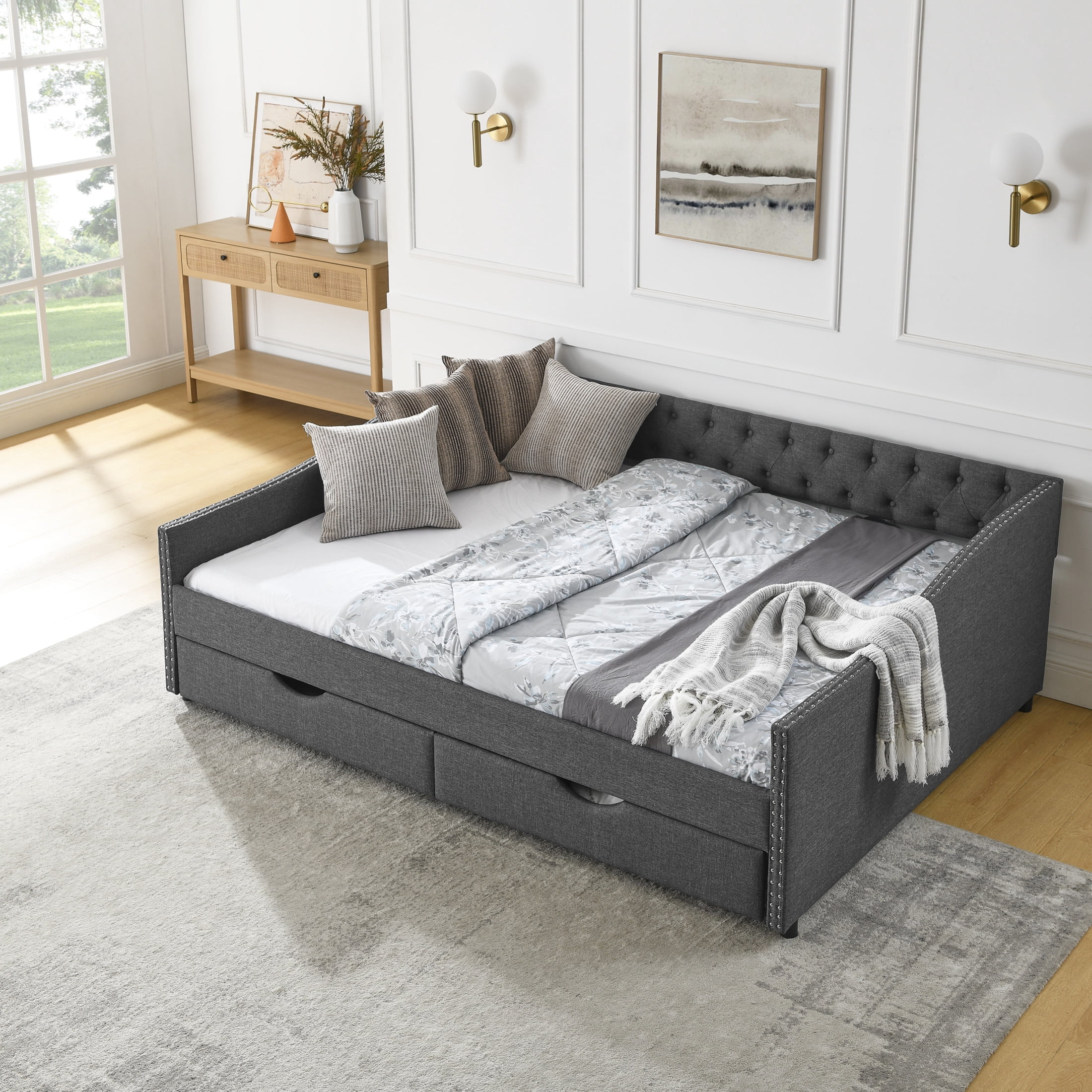 Noble House Queen Size Button Tufted Daybed, Linen Sofa Bed Frame with Storage Drawers and Nailhead Waved Arms, Dark Grey