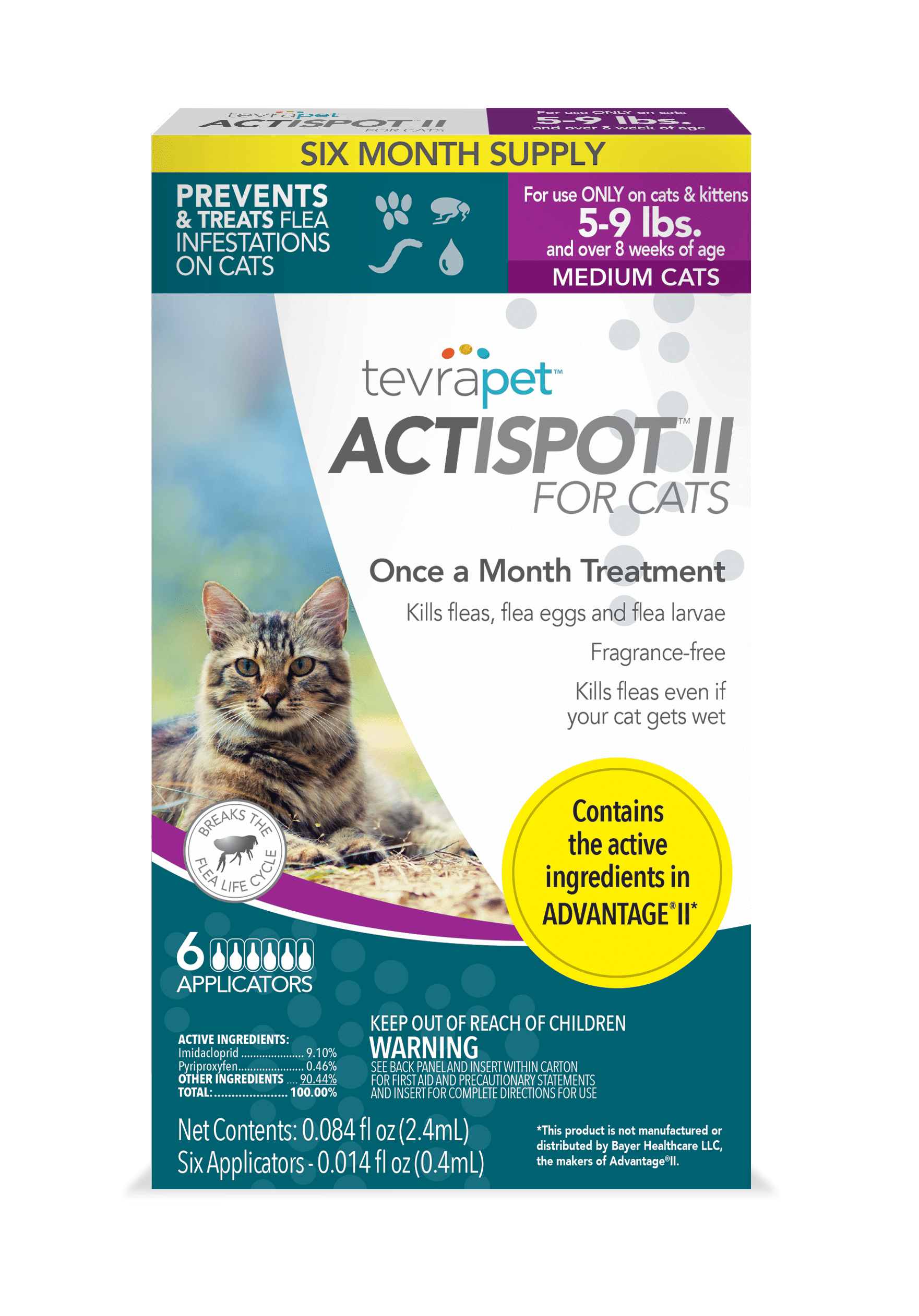 TevraPet Actispot II Flea Treatment for Small Cats (59 lbs), 6 Doses