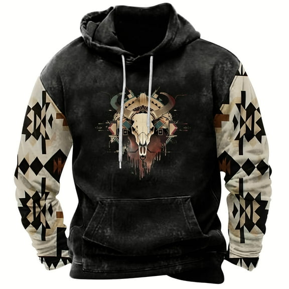 PuLe Hoodies Men's Retro Printed Top Long Sleeved Hooded Top Hooded Sweatshirt