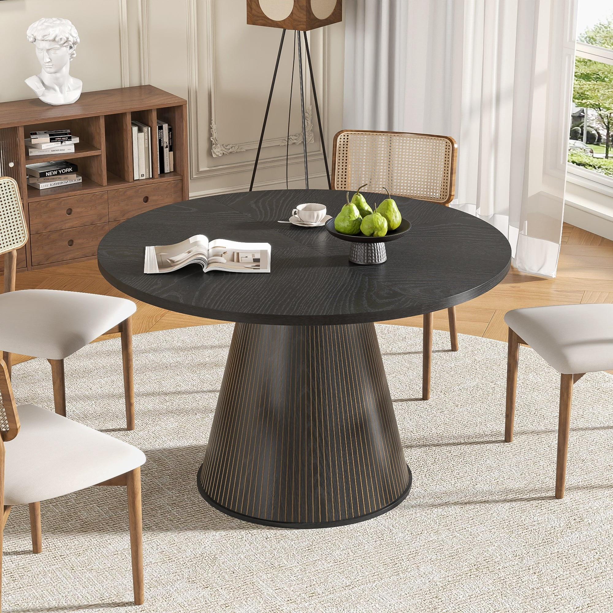 47 inch Round Dining Table for 4, Farmhouse Kitchen Table, Circle Dining Table for Kitchen, Living Room, Black