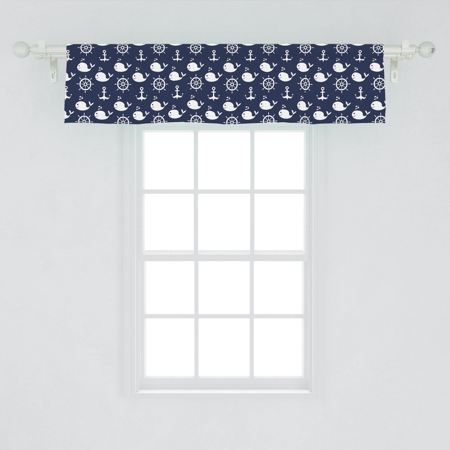 Navy Blue Window Valance, Maritime Pattern with Whales Helms Anchors