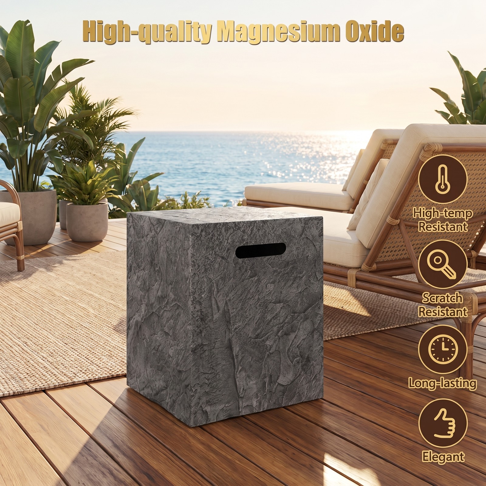Biotree Propane Tank Cover Table, Outdoor Gas Tank Storage Hideaway Holder with Cut-Out Handles and Rain Cover, Weather-Resistant Side Table for 20 lb Tanks, Gray