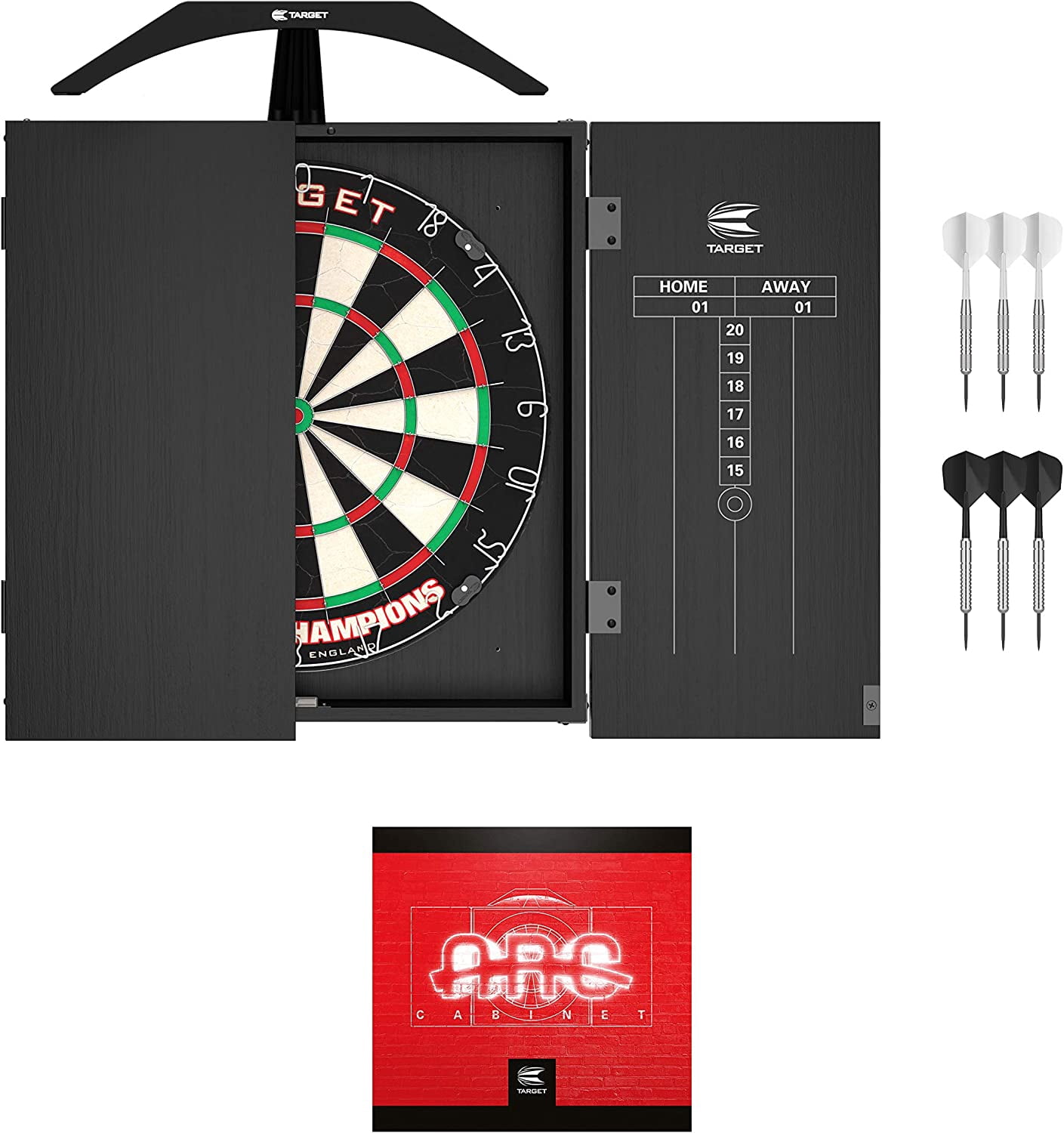 Target Darts Arc Dartboard Cabinet w/ Lighting System and Home Cabinet Set, Black
