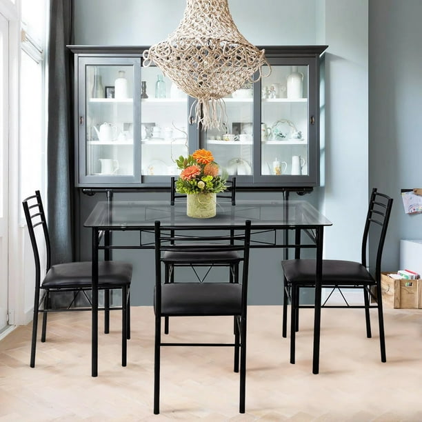 VECELO 5 Piece Dining Table Set, Glass Top Table with 4 Chairs for
