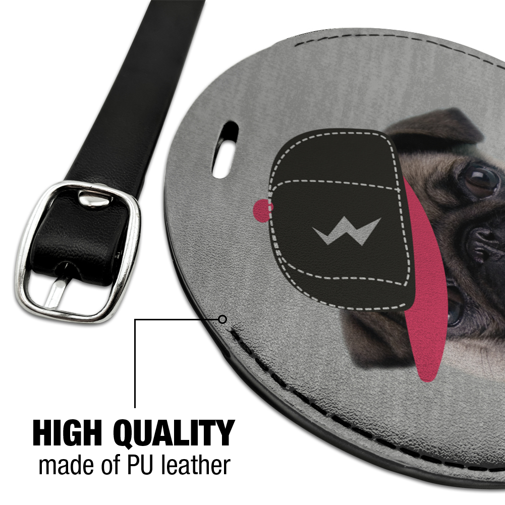 Tough Pug Puppy Dog in Cap Hat Round Leather Luggage Card Suitcase Carry-On ID Tag - image 4 of 8