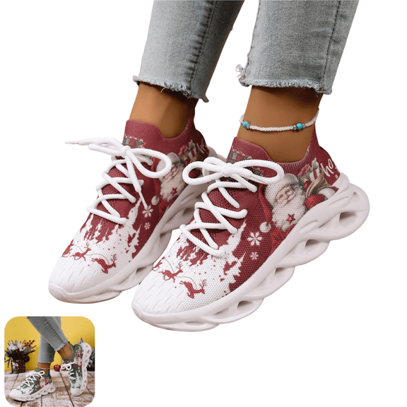 Willtoo Women’s Christmas Santa Print Pattern Knit Sneakers, Lace‑Up Sock Style Casual Walking Shoes, Lightweight Chunk Sole Breathable Fashion Footwear