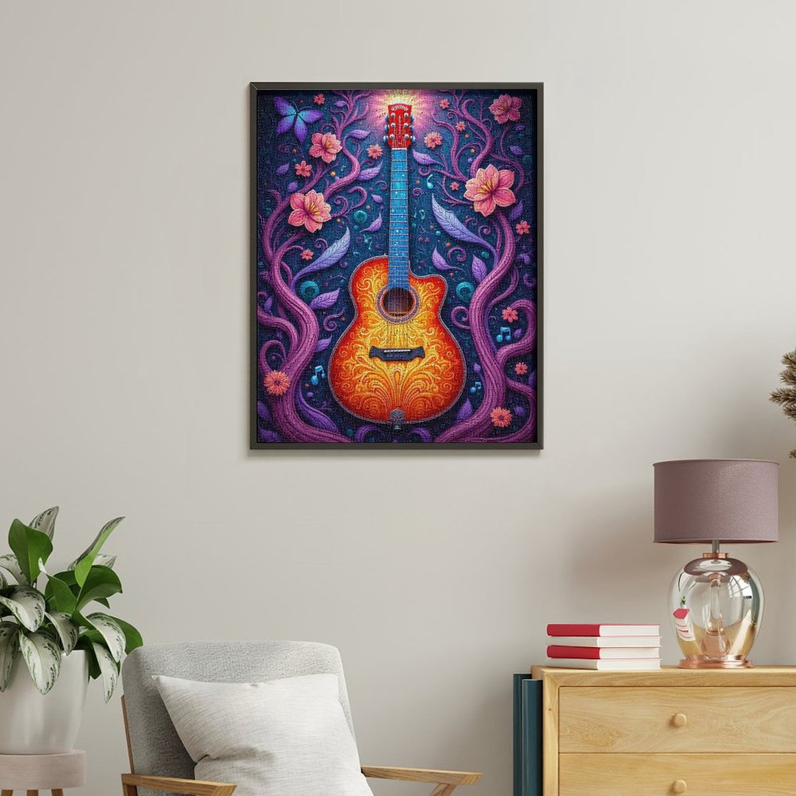 Paint By Numbers Kit for Adults Beginner - DIY Guitar Floral Music Art Fantasy Canvas Painting Kits for Adults, Frameless Paint By Number for Adults for Home Wall Decor 16x20 Inch