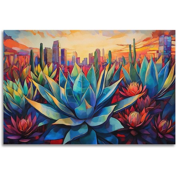 Arte Mural: Agaves y Cactus con Ciudad al Atardecer, Decoración para Hogar y Negocios