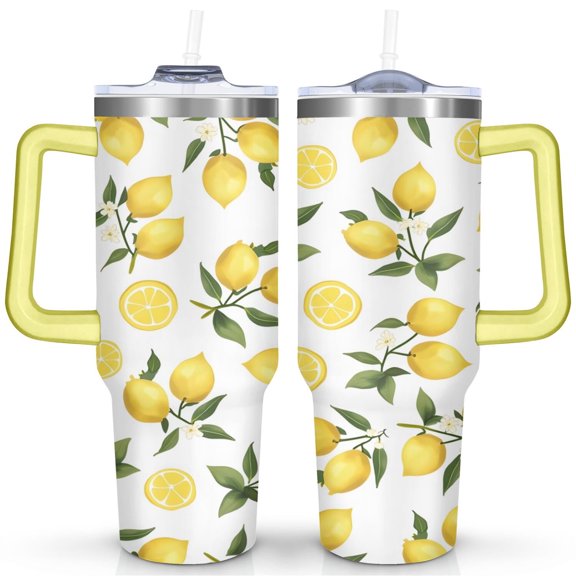 Yellow Lemon 40 Oz Tumbler with Handle Lid and Straw, Stainless Steel Double Walled Vacuum Insulated Cup, Cute Anniversary Wedding Birthday Gifts Tumbler for Women Men Friends Outdoor Indoor