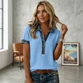 thumbnail image 6 of WULMLEO Shirts for Women Trendy Short Sleeve Button Up Collared Tops with Denim Collar Knit Patchwork Polo Shirts Blue L, 6 of 8