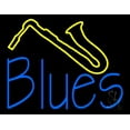 thumbnail image 1 of Blue Blues Yellow Saxophone LED Neon Sign 24" Tall x 31" Wide - inches Black Square Cut Acrylic Backing, with Dimmer - Premium built indoor Sign for Studio, Club, Décor, Event, Storefront., 1 of 7