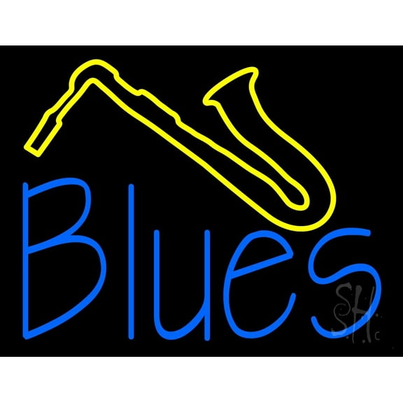 Blue Blues Yellow Saxophone LED Neon Sign 15" Tall x 19" Wide - inches Black Square Cut Acrylic Backing, with Dimmer - Premium built indoor Sign for Studio, Club, Décor, Event, Storefront.