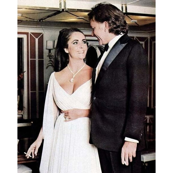 Richard Burton smiles at Elizabeth Taylor in low cut white gown 24x30 poster