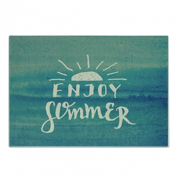 Saying Cutting Board, Enjoy Summer Lettering with a Simple Rising Sun on Watercolor, Decorative Tempered Glass Cutting and Serving Board, in 3 Sizes, by Ambesonne