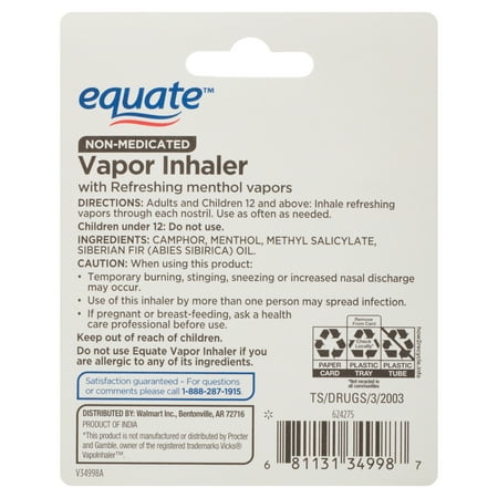 Equate Non-Medicated Vapor Inhaler Stick, Menthol Scent, 1 Count, Compare to Vicks® VapoInhaler™