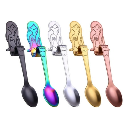 

5pcs Stainless Steel Coffee Spoons Mermaid Hanging Cup Stirring Spoon Dessert Scoop Tableware (Silver+Golden+Rose Gold+Black+Iridescence)