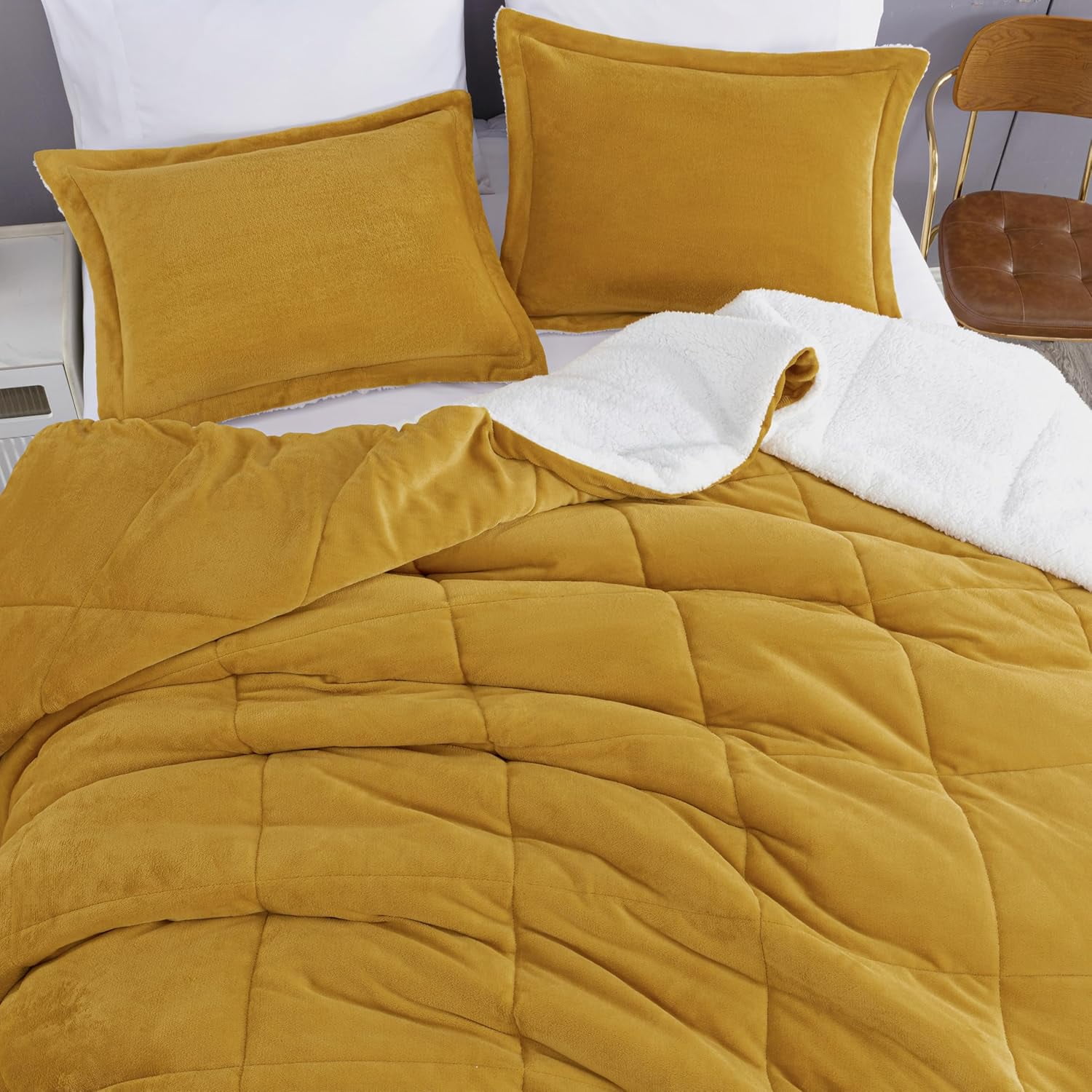 Chezmoi Collection Ultra-Soft Micromink Sherpa Queen Size Comforter Set with 2 Pillow Shams, Reversible Plush Bedding Comforter 3-Piece, Mustard Yellow