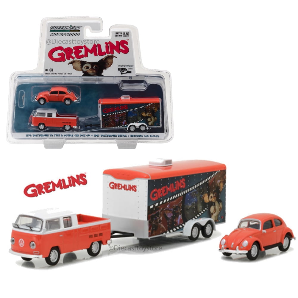 GREENLIGHT 1:64 HOLLYWOOD - HITCH & TOW 3 - GREMLINS - 1972 VOLKSWAGEN T2  TYPE 2 DOUBLE CAB PICKUP - 1967 VOLKSWAGEN BEETLE - ENCLOSED CAR TRAILER