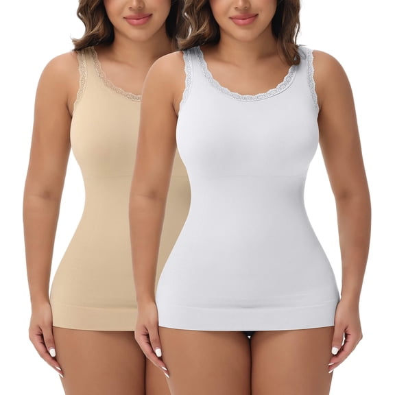 MANIFIQUE 2 Packs Women Tummy Control Shapewear Lace Tank Tops Seamless Compression Tops Slimming Body Shaper Camisole