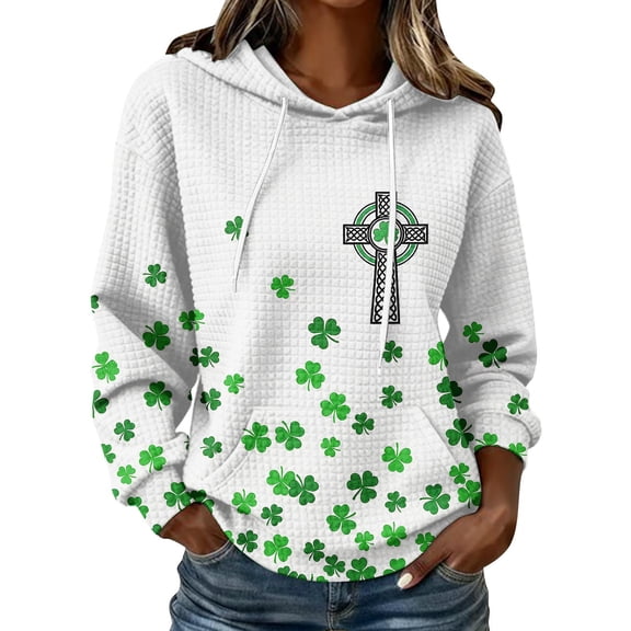 Oplxuo Womens St. Patrick's Day Clover Print Hoodie Casual Long Sleeve Sweatshirt Irish Shamrock Pullover Tops