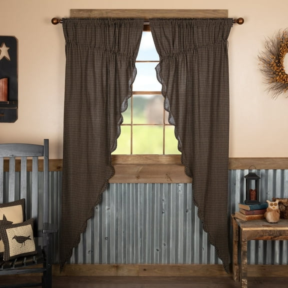 Primitive Prairie Panel Set Kettle Grove Plaid Black Tan Scalloped Window Curtains TCC Brands