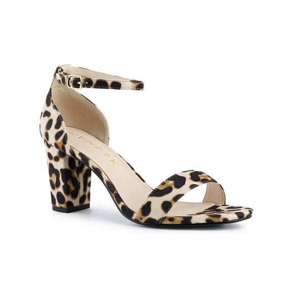 BLISSFUL STEP Women's Shoes Printed Chunky Heels Open Toe Ankle Strap Sandals White Leopard 8.5