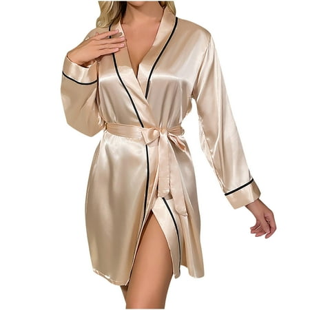 HAPIMO Lingerie Silk Robe Bathrobe Lightweight Cardigan Pajamas for Women Holiday Half Sleeve Waistband Comfy Relaxed Sleepewear Lace Teen Girls Satin Trendy Yellow L