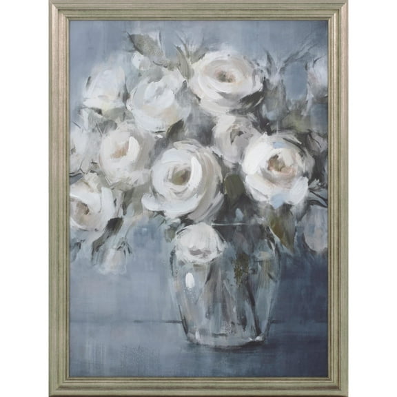 My Texas House White Rose Bouquet on Blue Framed Emb Canvas Board 18" x 24"