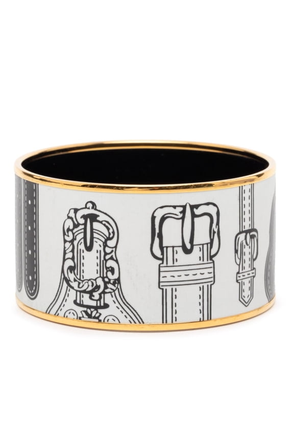 Pre-Owned Hermes Enamel TGM Cloisonn Belt Motif Bangle Gold White Plated Women's HERMES