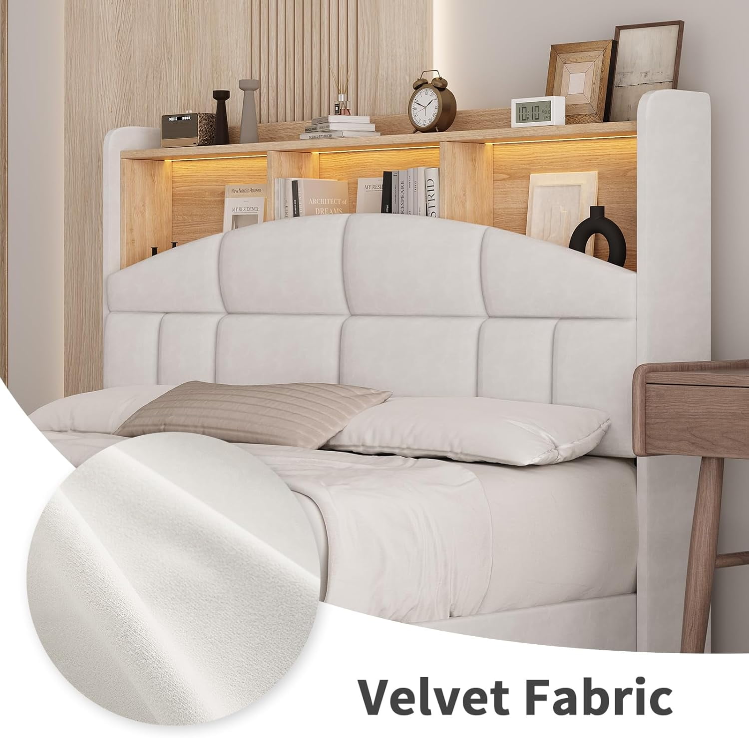4 EVER WINNER Queen Bed Frame with Storage Headboard, Velvet Upholstered Platform Bed Frame with LED Light, White