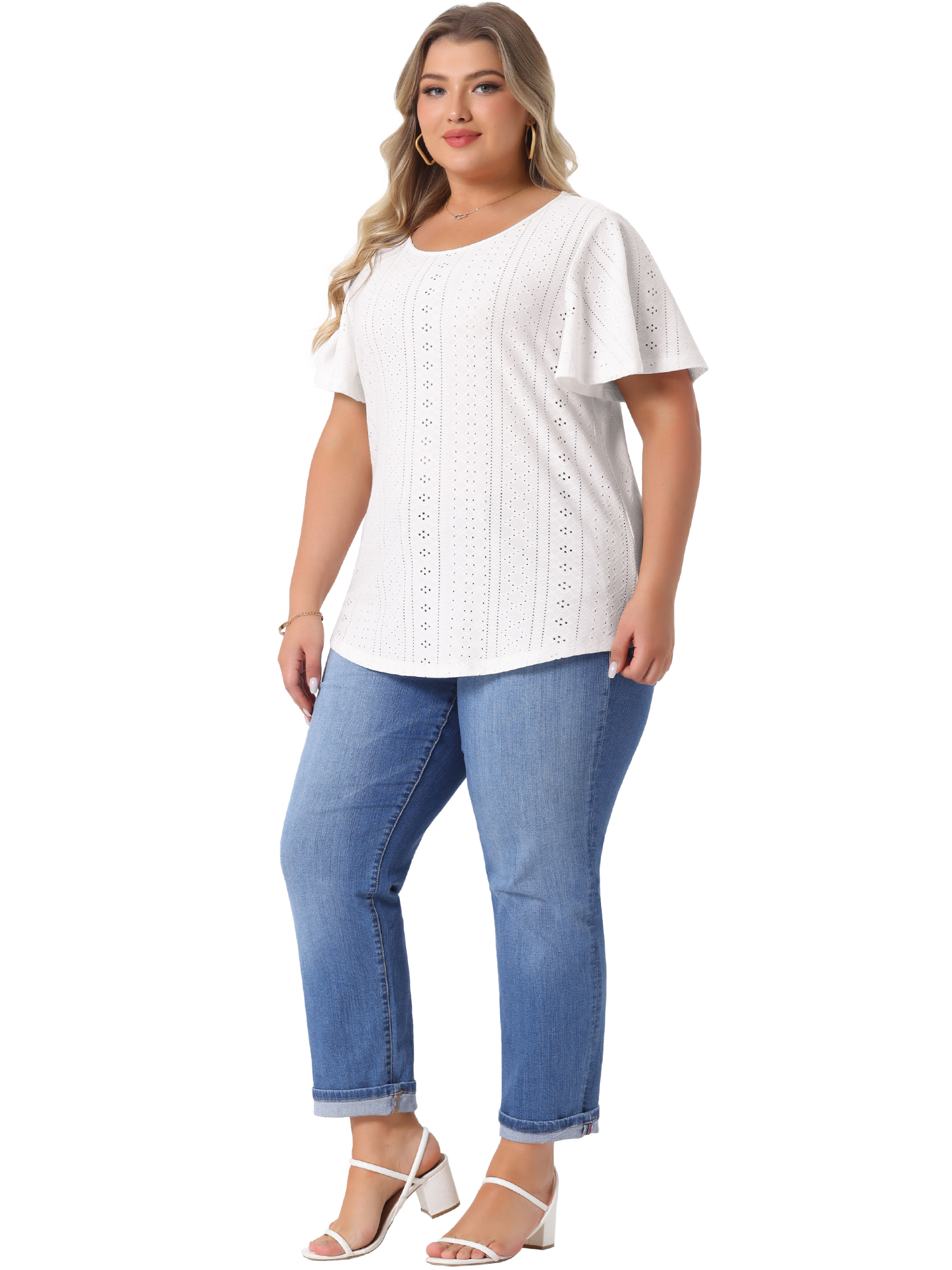 DARING DIVA Women's Plus Round Neck Hollow Flare Sleeve Casual Blouse 2X White