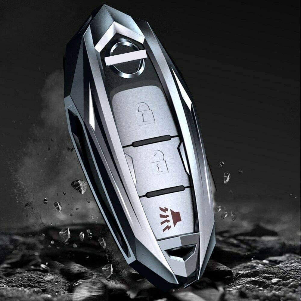 For Nissan key fob cover 3 button, Metal Key Fob Case for Nissan Altima Maxima Murano Rogue Sentra 370z Pathfinder Series Key Holder with Keychain (Grey)