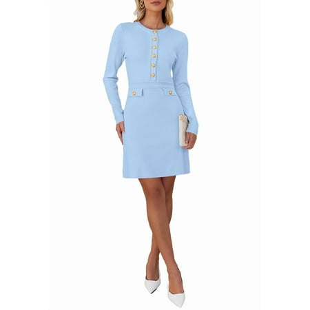 YOGAFOX Women's Button Mini Sweater Dress Formal Long Sleeve Bodycon（Light Blue,L）