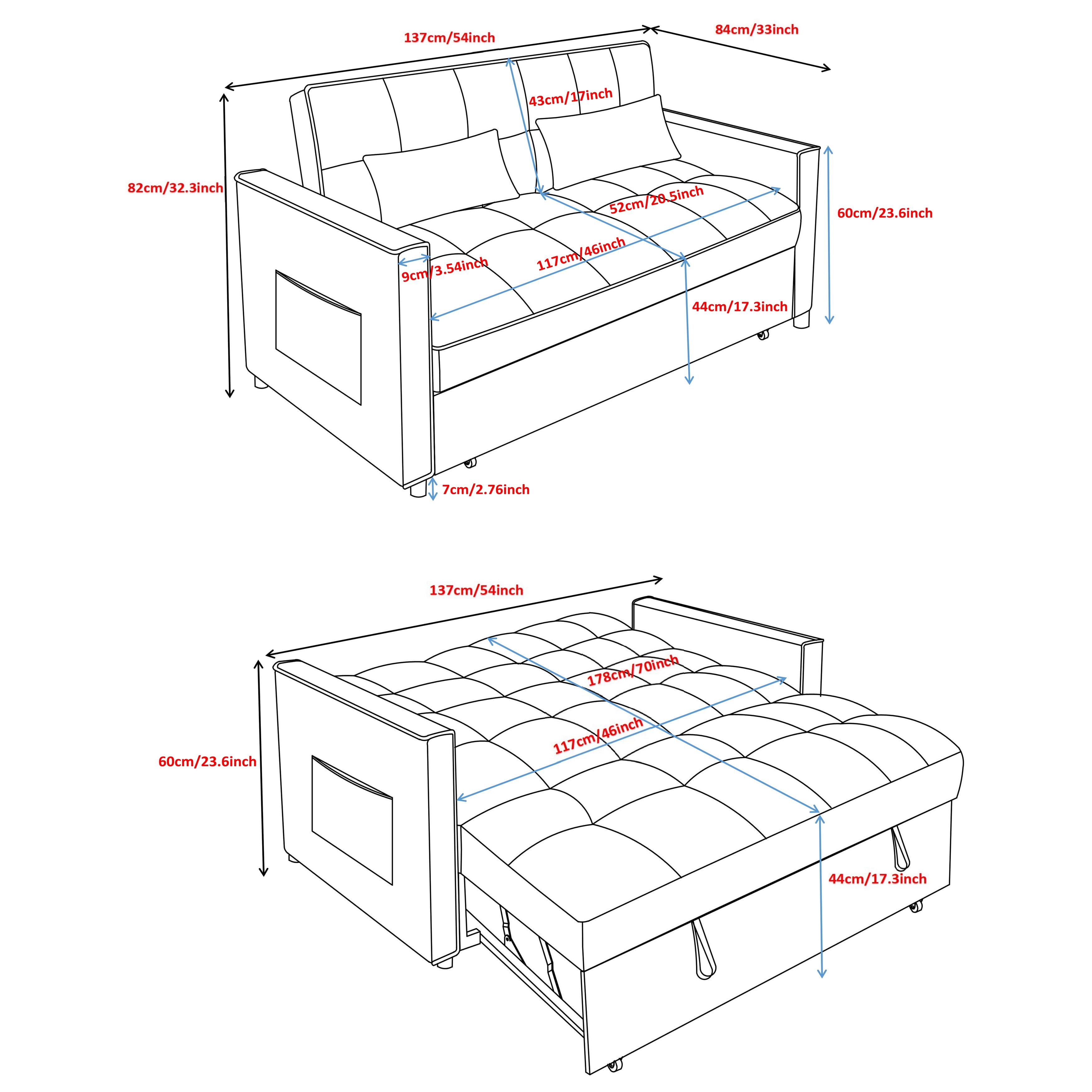 3-IN-1 Convertible Sofa Bed | Compact 2-seater sofa bed | 53.5-inch Velvet Fabric Sofa | Suitable for apartments, small flats, motorhomes, children's rooms, client reception areas, office rest areas,