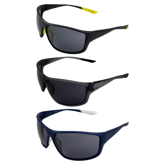 AlterImage Stream Wraparound Sports & Motorcycle Retro Sunglasses for Men or Women 3 Pair Black Gray & Blue Frames w/Rubber Tips & Nose Pads Smoke Lenses