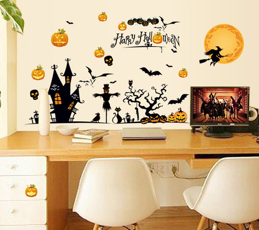 Halloween Wall Stickers Removable PVC Pumpkin Ghost Print Glass Window