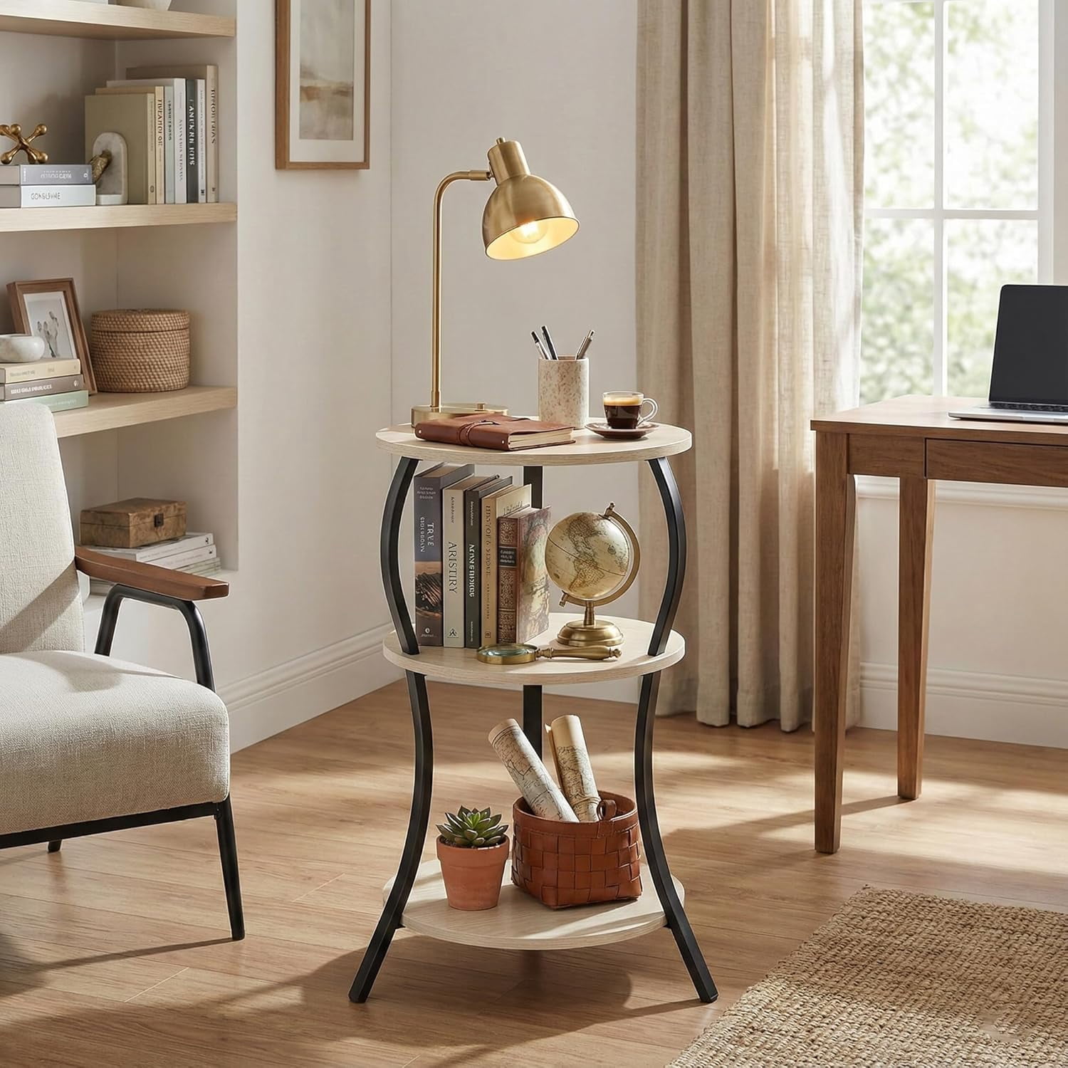 ZEXVIDA Vintage Small Round Side Table, 3-Tier Slim Waist Circular End Table with Storage Shelf,  Sofa Side Table, Round Corner Coffee Table Nightstand for Living Room Bedroom Small Spaces,Oak