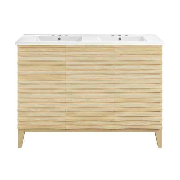 Cascade 48 in. Natural Oak, Double Basin Bathroom Vanity With White, 3-Hole Ceramic Sink Top
