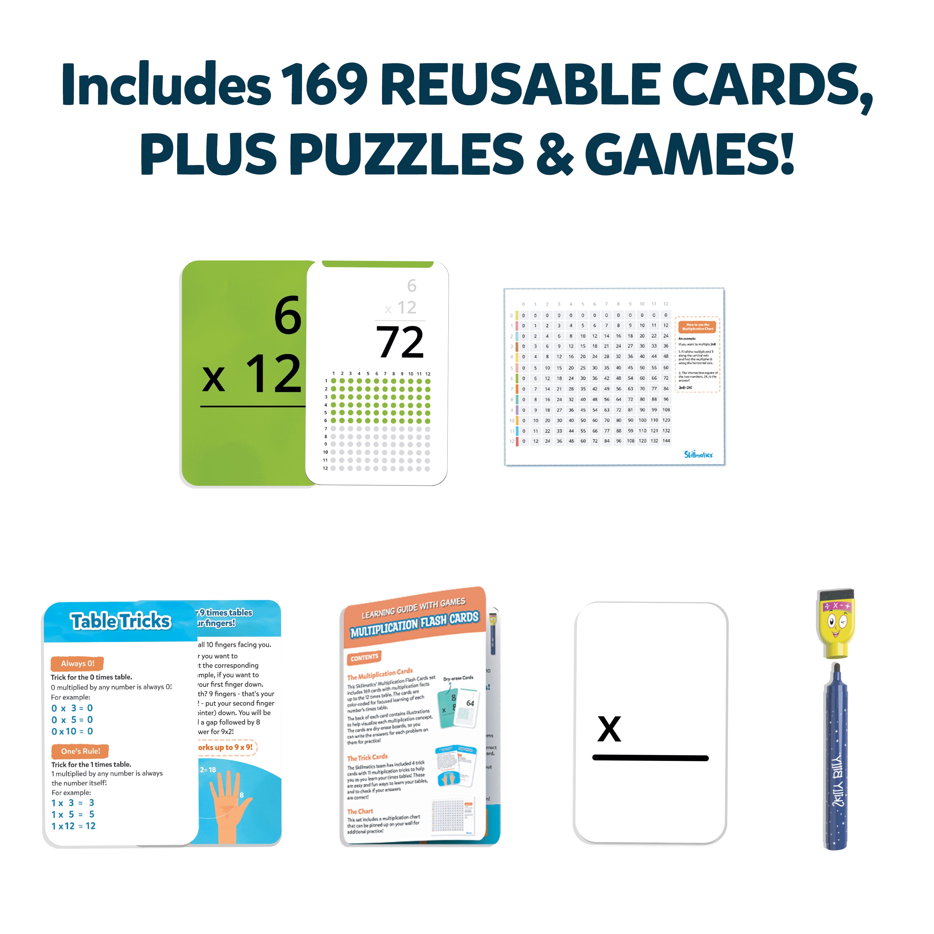 Skillmatics Multiplication Flash Cards, Dry Erase, Early Learning Flash Cards, Ages 7-12